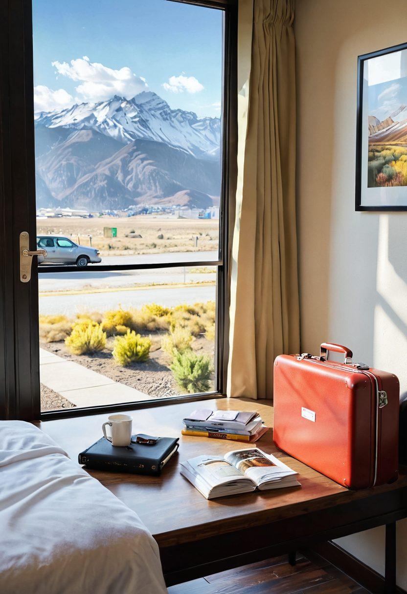 A cozy motel room with essential travel amenities like a comfy bed, a small table with a travel guide, and a budget-friendly price tag prominently displayed. Outside the window, a scenic view of a sunny landscape showcasing various budget travel destinations. Include a cheerful traveler unpacking a suitcase by the door and a friendly motel manager assisting. The image should exude a warm and inviting atmosphere. super-realistic. vibrant colors. bright daylight.