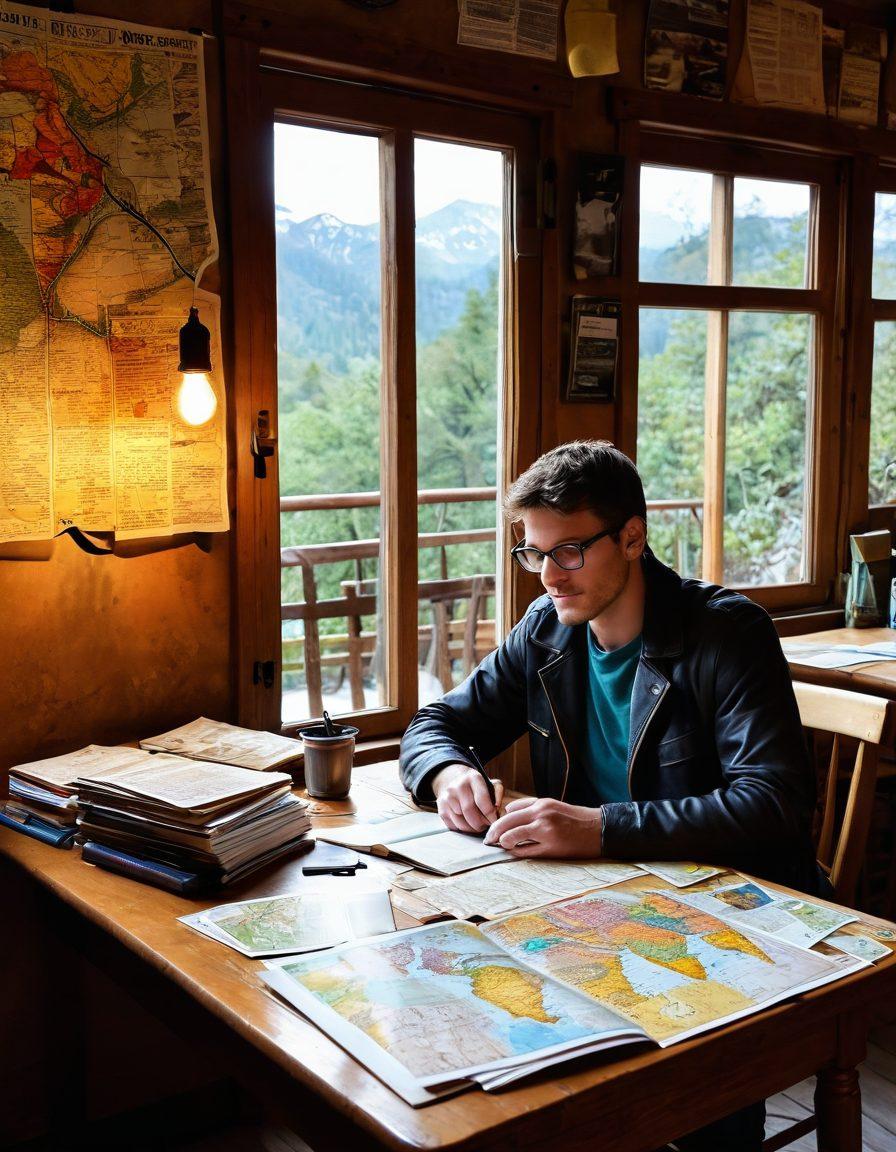 A captivating travel writer sitting at a rustic café table, surrounded by maps, a laptop, and budget travel books, capturing the essence of exploring the world on a dime. A globe nearby showcases various cheap destinations, while postcards and travel souvenirs add a personal touch. The scenery features an open window revealing picturesque landscapes of iconic budget-friendly destinations. Soft, warm lighting enhances the inviting atmosphere. vibrant colors. cozy and imaginative.