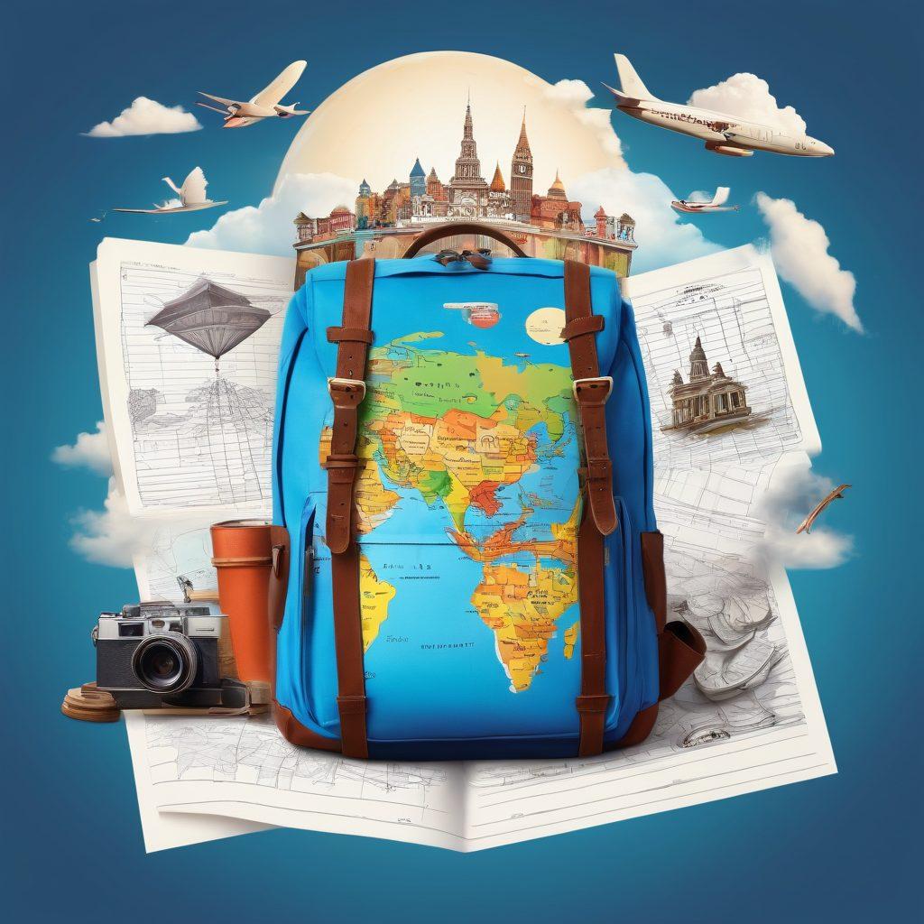 A traveler enthusiastically documenting their budget journey with a notebook and camera in hand, surrounded by iconic landmarks and budget motels, illustrated as a vibrant collage of cheerful and adventurous scenes. Include a globe and travel essentials like a map, backpack, and camera in the foreground. The sky is bright blue with fluffy clouds, symbolizing a sense of freedom and exploration. vector art. vibrant colors.